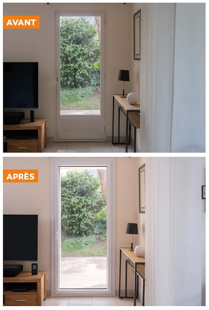 Photo avant / après de la pose d'une fenêtre fullsun en tant que baie vitrée. 

On peut voir le contraste de lumière entre la pose avant et après.